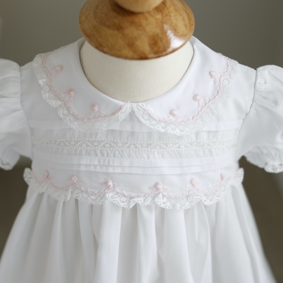 White Dress Feltman Brothers Friedknit Pink Embroidery Special Diaper Cover NWOT - Picture 8 of 9